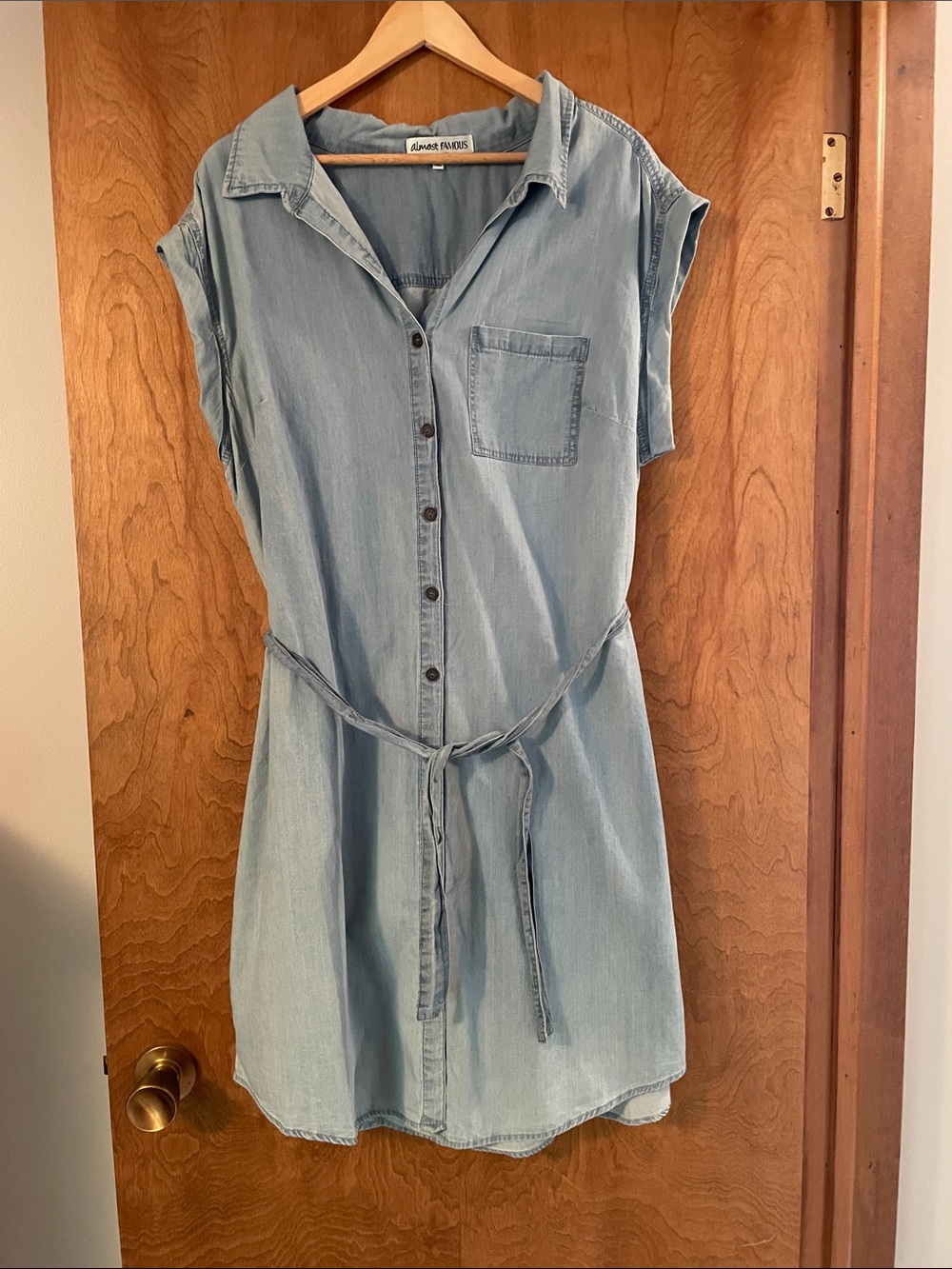 Almost Famous Light Blue Chambray Shirt Dress with Tie, 2X